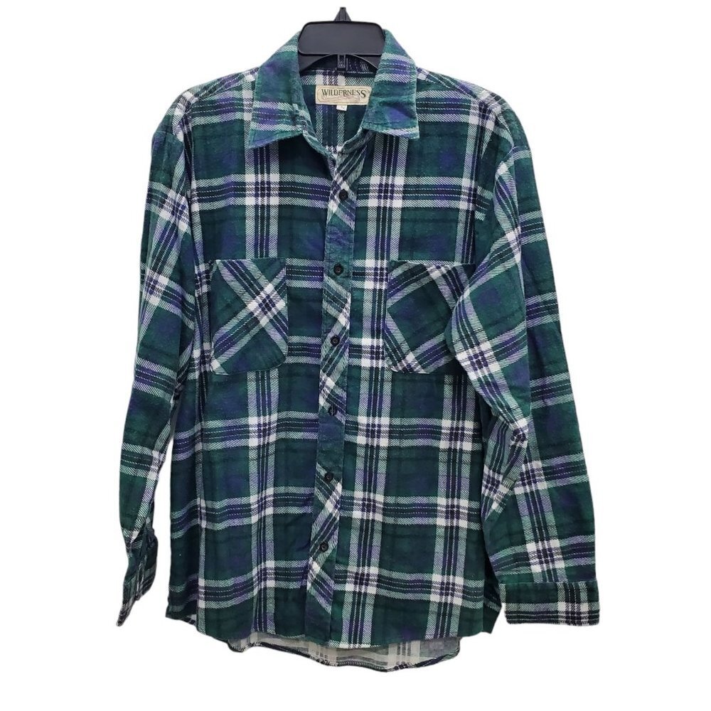 Wilderness Men's Vintage‎ Green Blue Plaid Button Up LS Flannel Shirt Size L